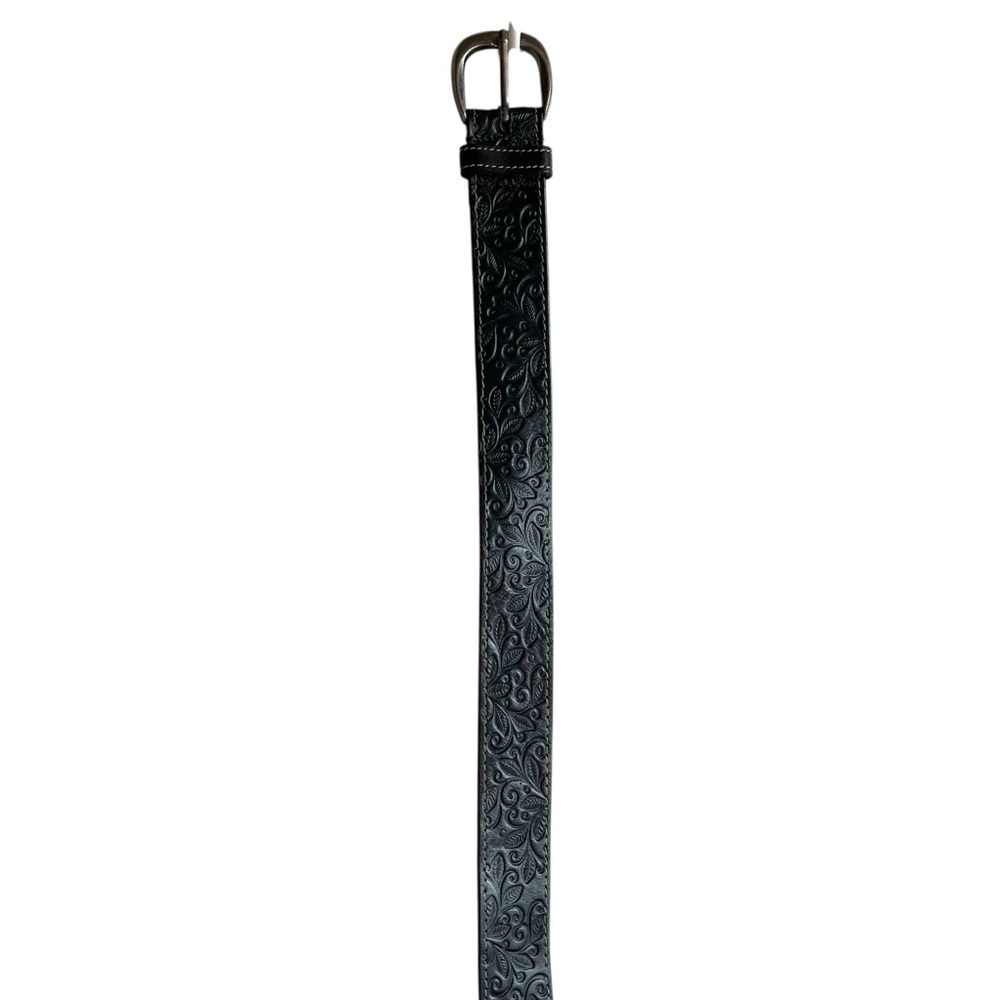 Warehouse One Embossed Black Leather Belt Medium Silver Buckle - Picture 5 of 13